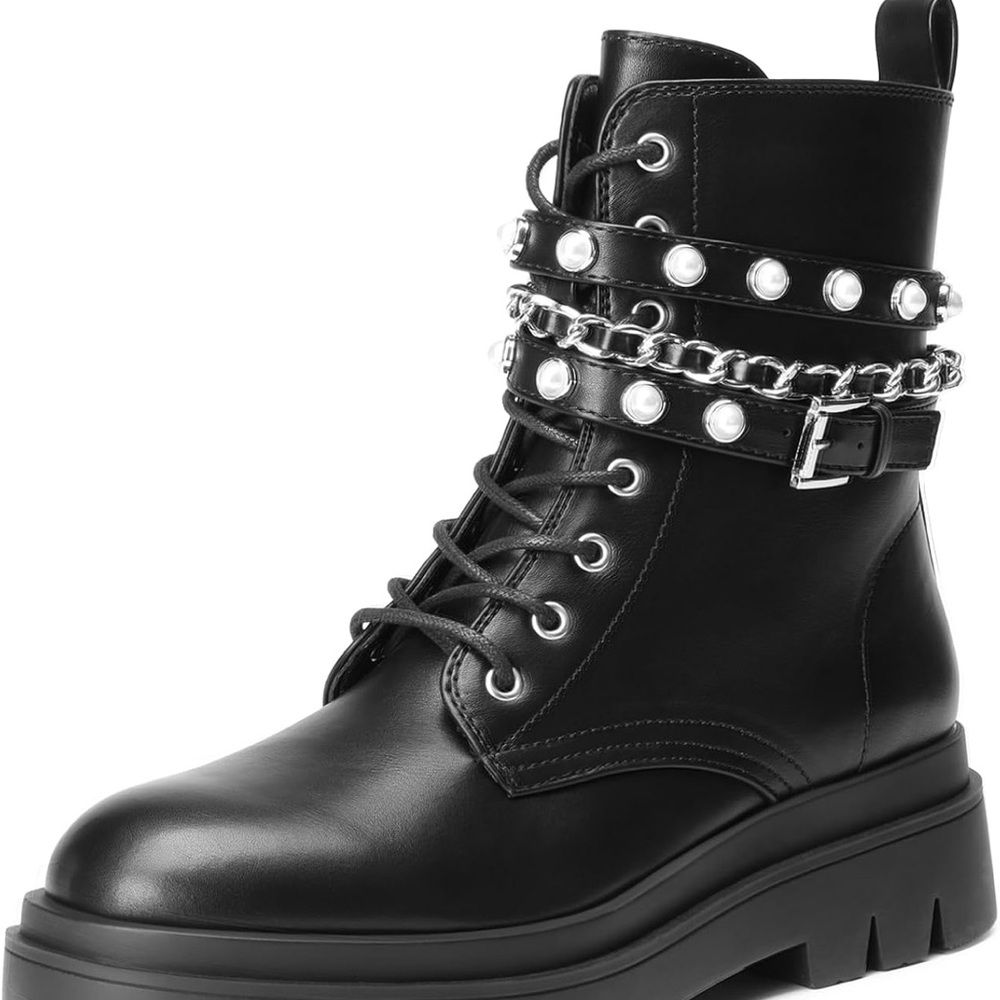 Dream Pairs Edgy Black Leather Boots with Chain and Pearl Accents